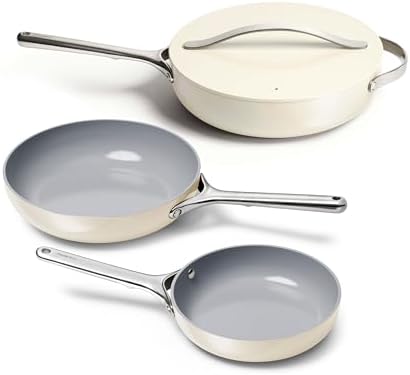 Caraway 4-Piece Fry Pan Set - Non-Stick Frying Pans (10.5” & 8”) & Non-Stick Sauté Pan - Non Toxic, PTFE & PFOA Free - Oven Safe & Compatible with All Stovetops (Gas, Electric & Induction) - Cream