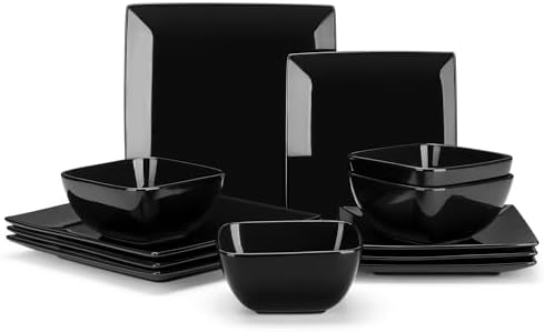 vancasso Soho Dinnerware Sets 12 Pieces, Black Stoneware Square Place Setting, Plates and Bowls Sets, Dinner Plate, Dishes Set for 4
