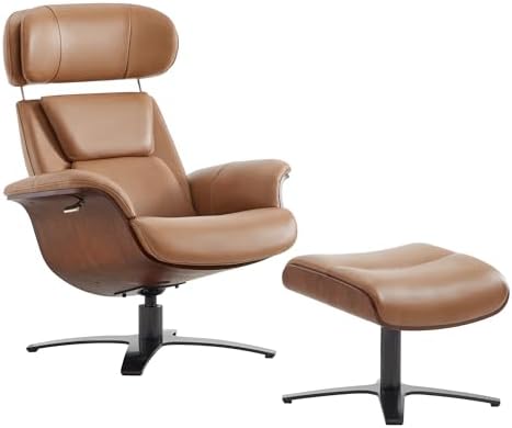 CHITA Genuine Leather Reclining Swivel Chair with Adjustable Headrest and Ottoman for Living Room, Saddle