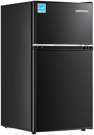 Upstreman 3.1 Cu.Ft Mini Fridge with Freezer, Double Door Small Fridge, Dorm Essentials, Adjustable Thermostat, Energy Saving, Mini Refrigerator for Office, Dorm, Bedroom, Black