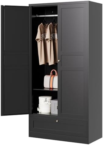 Letaya Wardrobe Closet,72" H Clothing Metal Storage Cabinet with Storage Drawer Adjustable Shelves and Hanging Rod,Bedroom Armoire Cabinet Clothes Organizer (Black)