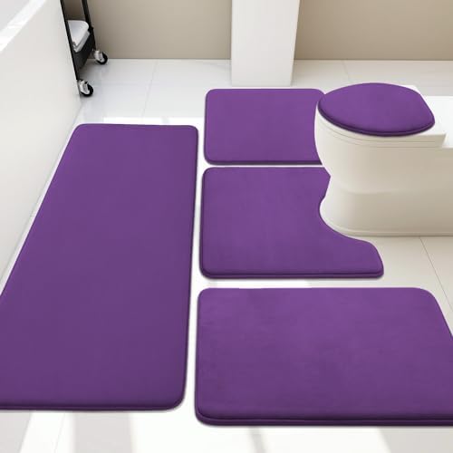 YIHOUSE Bathroom Rug Set 5 Piece, Memory Foam Bath Mat Set, Super Absorbent Bath Mats for Bathroom - Non-Slip & Washable Bath Rugs - Dry Quickly Bath Rugs, Purple