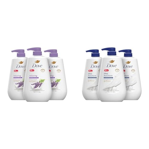 Dove Body Wash with Pump Relaxing Lavender Oil & Chamomile 3 Count for Renewed, Healthy-Looking Skin & Body Wash with Pump Deep Moisture For Dry Skin Moisturizing Skin Cleanser with 24hr Renewing