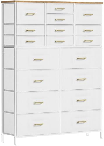 Modern Chest of Drawers for Bedroom,Tall White Fabric Dresser with 18 Deep Drawers, Large Vertical Storage Organizer Cabinet for Closet, Nursery, Office
