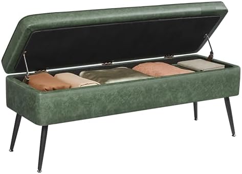 VASAGLE EKHO Collection - Storage Ottoman Bench, Entryway Bedroom Bench, 15 Gallons, Synthetic Leather with Stitching, Mid-Century Modern, Safety Hinges, Loads 660 lb, Forest Green ULOM074C01
