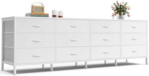 Huuger 70 Inch Dresser for Bedroom, TV Stand for 65, 75, 80 Inch TV, 12 Fabric Drawer Long Dresser, Large Storage Organizer Unit, Wide Chest of Drawer with Storage, for Living Room, White