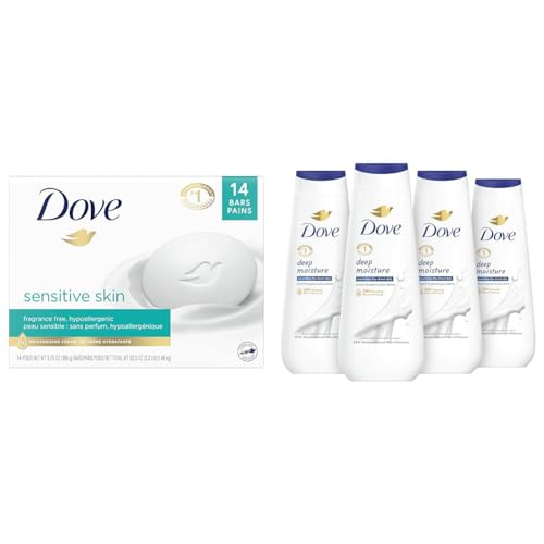 Dove Beauty Bar Sensitive Skin 14 Bars with Moisturizing Cream Body Wash Deep Moisture for Dry Skin with MicroMoisture, 4 Count