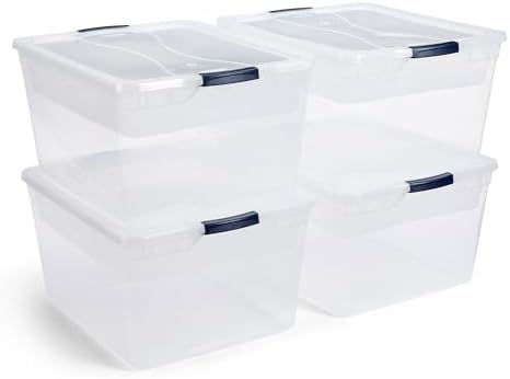 Rubbermaid Cleverstore 74 Qt Clear Storage Bins with Latching Lids and Nesting Tray, 4-Pack, Stackable, BPA-Free, Made in USA