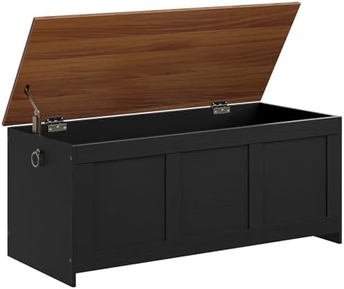 HOOBRO Storage Bench, 47.2" Retro Wooden Storage Chest, Wooden Storage Trunk, Toy Chest with Lift Top, Multifunctional Entryway Organizer, for Entryway, Living Room, Black and Walnut BH412CW01