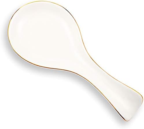 Patelai Ceramic Spoon Rest Spoon Holder Stovetop for Kitchen Stove Coffee Bar Accessories Christmas Gift(White with Gold Brim,Classic Style)