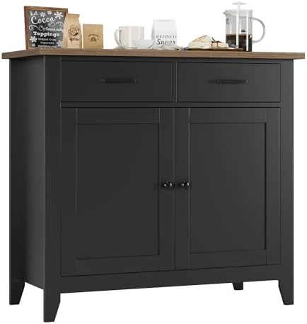 HORSTORS Kitchen Storage Cabinet, Modern Farmhouse Buffet Cabinet with Storage, Coffee Bar with 2 Drawers and 2 Doors, Floor Sideboard Buffet for Living Room, Dining Room, Bathroom, Black/Rustic Brown