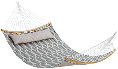 SONGMICS Quilted Hammock with Curved Bamboo Spreaders, Pillow, 78.7 x 55.1 Inches, Holds up to 495 lb, Gray and Beige Rhombus