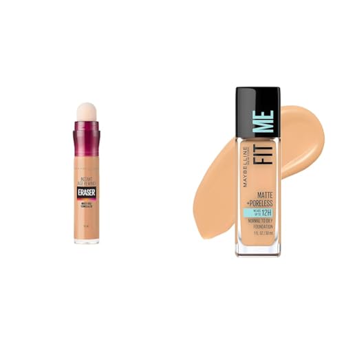 Maybelline Instant Age Rewind Eraser Dark Circles Treatment Multi-Use Concealer,130 & Fit Me Matte + Poreless Liquid Oil-Free Foundation Makeup, Natural Buff