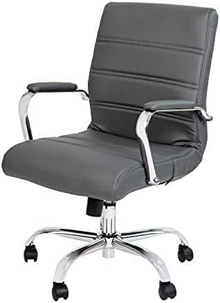 Flash Furniture Whitney Mid-Back Swivel LeatherSoft Desk Chair with Padded Seat and Armrests, Adjustable Height Padded Office Chair, Gray/Chrome
