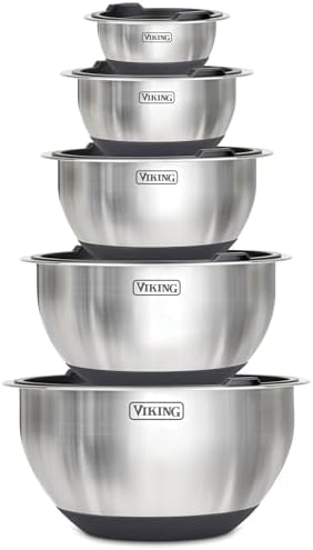 Viking Mixing Bowls Set, 10 Piece Stainless Steel Kitchen Cookware, Non-Slip Silicone Base, Includes Tight Fit Lids, Dishwasher Safe, Black