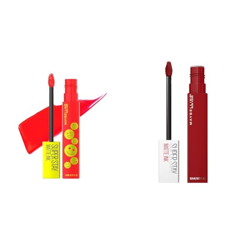 Maybelline Super Stay Matte Ink Liquid Lip Color Moodmakers Collection Long Lasting Transfer Proof Lipstick Energizer Bright Red 1 Count + Super Stay Matte Ink Liquid Lipstick Exhilarator Ruby Red 1 Count