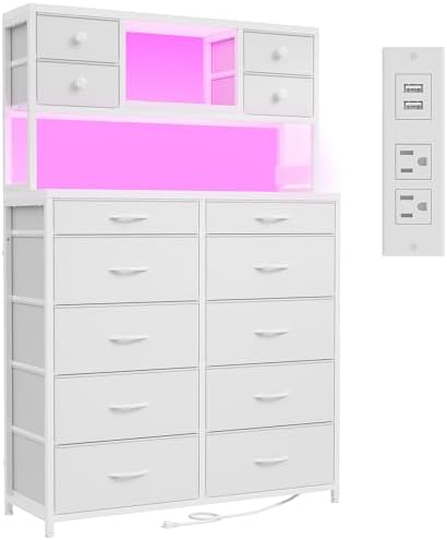 62.8" H Dresser for Bedroom with 14 Fabric Drawers,White Dresser with Charging Station and LED Lights,Dressers & Chests of Drawers for Bedroom, Steel Frame & Wooden Top, Entryway