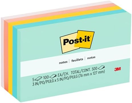 Post-it Notes, 3 in x 5 in, 5 Sticky Note Pads, 100 Sheets per Pad, Beachside Café Collection, School Supplies and Office Products