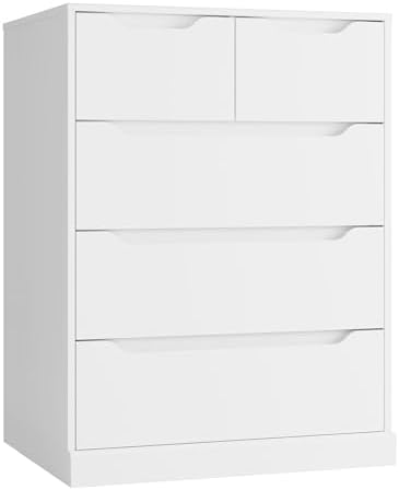 HOSTACK Modern 5 Drawer Dresser for Bedroom, Chest of Drawers with Storage, Wood Storage Chest Organizers with Cut-Out Handles, Accent Storage Cabinet for Living Room, Entryway, Hallway, White