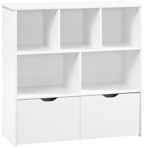 HOOBRO Toy Storage Organizer, Toy Organizers and Storage with 2 Movable Drawers and 5 Cubbies, Toy Chest Shelf for Books or Dolls, Kids Bookshelf and Toy Storage for Playroom, White WT88CW01