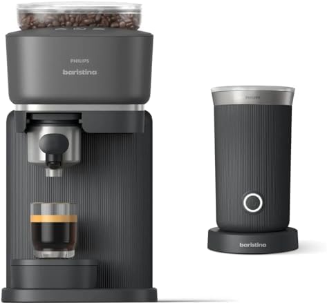 Philips Baristina Espresso Machine+Milk Frother Bundle. Real espresso. Compact coffee machine, portafilter, grinder, Cafe Crema. Dairy & Non-Dairy Milk foam. Hot & Cold. Easy Clean. Black (BAR303/60)