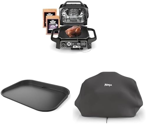 Ninja OG751BRN Woodfire Pro Outdoor Grill & Smoker with Built-In Thermometer, 7-in-1 Master Grill+Ninja XSKGRDPLT Outdoor Flat Top Griddle Plate+ Ninja XSKCOVER Premium Outdoor Cover
