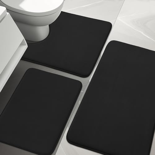 YIHOUSE Bathroom Rug Sets 3 Piece, Memory Foam Bath Mat, Non Slip Super Absorbent Soft Bathroom Mats, Machine Washable Bathroom Floor Mats Sets for Sink,Tub, Shower and Toilet,Black
