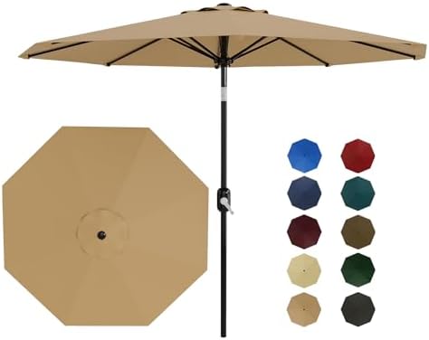 9Ft Patio Umbrella - 8 Sturdy Ribs Outdoor Table Umbrella with Crank Lift & Push Button Tilt - Market Umbrella for Pool, Deck, Yard, Garden - Tan