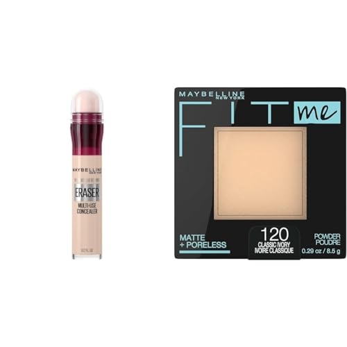 Maybelline Instant Age Rewind Eraser Dark Circles Treatment Multi-Use Concealer, 110 & Fit Me Matte + Poreless Pressed Face Powder Makeup & Setting Powder, Classic Ivory