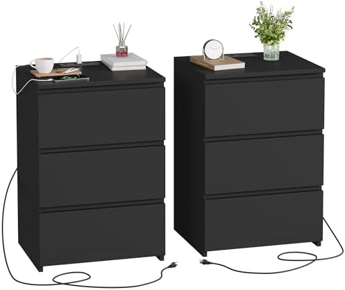 FOTOSOK Black Nightstand Set of 2, 26" H Night Stand Set 2 with Charging Station, Black Night Stand with USB Ports & Power Outlets, Silent Slides, End Side Table Bedside Table for Bedroom
