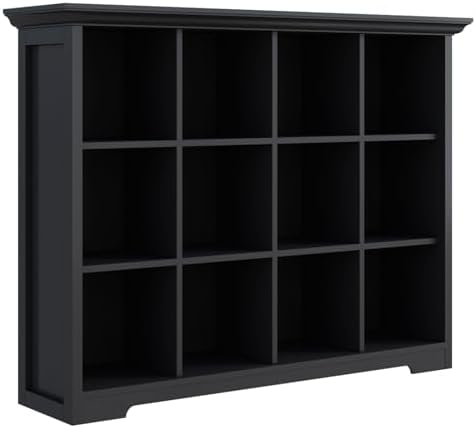 Cube Storage Bookcase with Base - Wooden 3 Tiers Floor Standing Open Shelf Cabinet for Home and Office, 12-Cube Lattice Bookshelf, Black