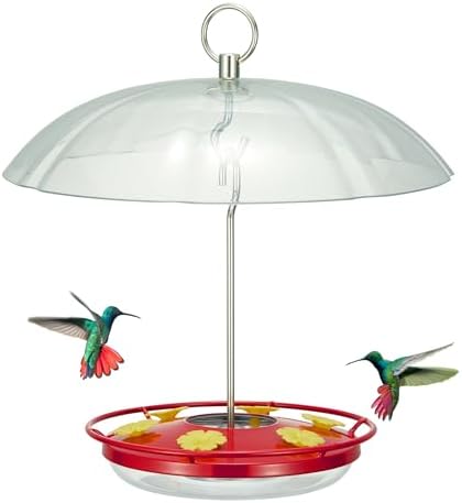 Kingsyard Weatherproof Hummingbird Feeder for Outdoors Hanging - Heavy Duty Metal lid with 6 Bee Guard Feeding Ports & Circular Perch, Built-in Ant Moat, Easy to Refill & Clean (12oz/Red)