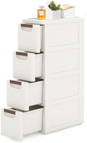 4 Drawers Slim Bathroom Storage Cabinet Dresser, Narrow Plastic Rolling Cart Organizer with Drawers, for Small Spaces, Kitchen, Laundry, Office, Bedroom, White