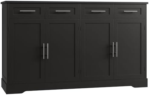 HOSTACK 60" Large Buffet Sideboard with Storage, 36" Tall Kitchen Buffet Storage Cabinet with 4 Drawer, Modern Coffee Bar Cabinet with Silver Handle, Long Sideboard Buffet Table for Kitchen, Black