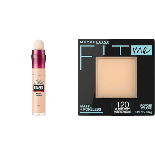 Maybelline Instant Age Rewind Eraser Dark Circles Treatment Multi-Use Concealer, 115, 1 Count & Fit Me Matte + Poreless Pressed Face Powder Makeup & Setting Powder, Classic Ivory, 1 Count
