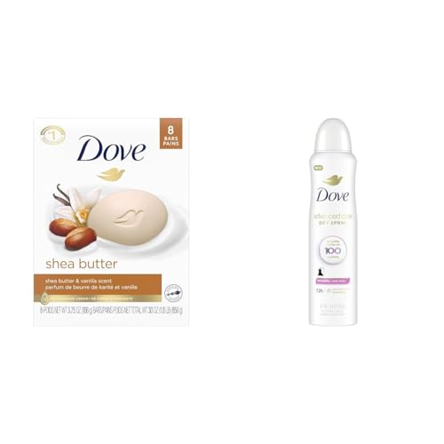 Dove Shea Butter Beauty Bar Skin Cleanser 8 Bars and Advanced Care Antiperspirant Deodorant Spray with Pro-Ceramide Technology