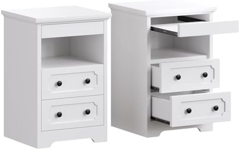 LIKIMIO Nightstand Set of 2, Night Stand with Pull Out Tray, Wooden Bedside Table with 2 Drawers and Open Shelf, Side Table for Bedroom, White
