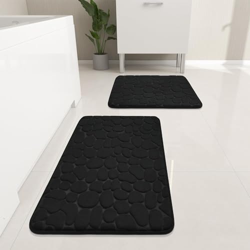 YIHOUSE Bathroom Rugs Sets 2 Piece, Cobblestone Memory Foam Bathroom Mats Set Extra Thick, Non Slip Bath Mats for Bathroom, Water Absorbent, Washable Black Bath Rugs for Tub, Toilet and Floor