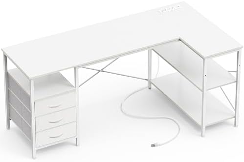 Huuger L Shaped Office Desk with Power Outlets, 55 Inch Computer Desk with 3 Drawers, Shelves, Reverisble for Gaming Corner Work Home Office Study, White