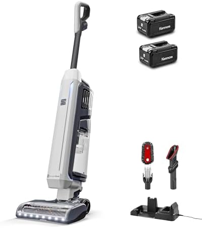 Kenmore CU7005 Litening 24V Cordless Upright Vacuum with Lift-Up & Hair Eliminator Nozzle, Brushless Motor, Up to 80 Mins of Runtime, HEPA Filter & LED Display for Carpets, Hard Floor & Pets, White