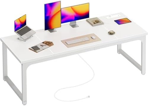 Huuger 63 x 24 inch Desk with Power Outlets & USB-C, Deeper & Thicker Desktop, Robust Metal Tubes, Computer Desk, Heavy Duty Office Desk, Work Gaming Desk, for Home Office, White