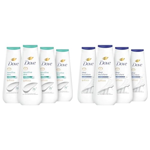 Dove Body Wash Sensitive Skin 4 Count Hypoallergenic, Paraben-Free & Body Wash Deep Moisture 4 Count For Dry Skin Moisturizing Skin Cleanser