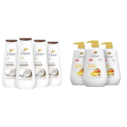 Dove Body Wash Restoring Coconut & Cocoa Butter 4 Count for Renewed & Body Wash with Pump Glowing Mango & Almond Butter 3 Count for Renewed