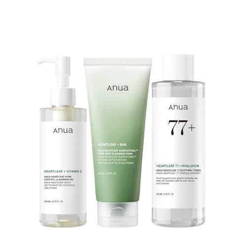 Anua Heartleaf Cleansing Oil & Deep Cleansing Foam & Soothing Toner, Pore Control, Gentle Korean Skincare