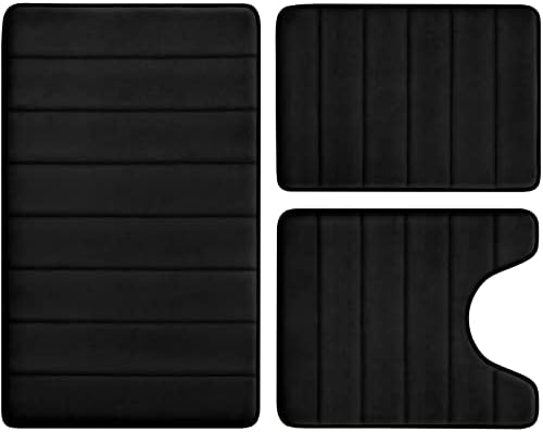 BYSURE Black Memory Foam Bathroom Rug Set 3 Piece, Non Slip Extra Soft Absorbent Washable & Dry Toilet Bath Mat Sets