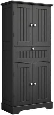 ChooChoo 51" H Tall Bathroom Floor Cabinet, Modern Bathroom Storage Cabinet with Drawer and Adjustable Shelves, Freestanding Kitchen Pantry Cupboard with 4 Doors for Living Room, Black