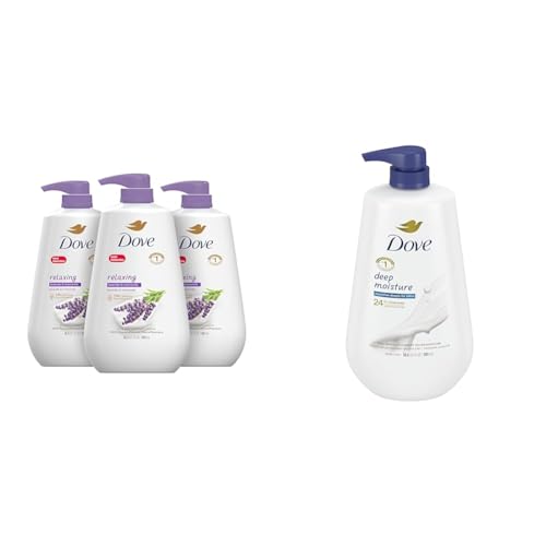 Dove Body Wash with Pump Relaxing Lavender Oil & Chamomile 3 Count for Renewed & Body Wash with Pump Deep Moisture For Dry Skin Moisturizing Skin Cleanser