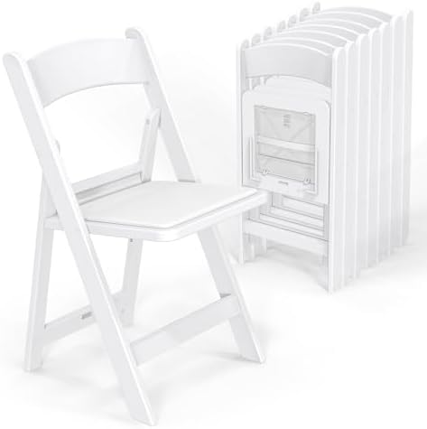 VINGLI Resin Folding Chairs with Cushion, Foldable Plastic Chair with Comfortable Padded Seats, Perfect for Event Party Indoor Outdoor, White, 8 PC