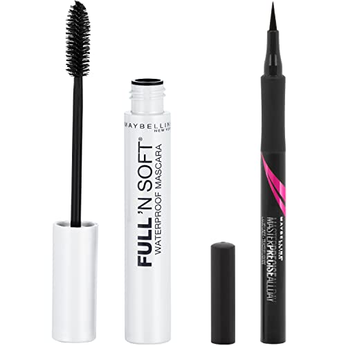 Maybelline Full 'N Soft Waterproof Mascara + Eyestudio Master Precise All Day Waterproof Liquid Eyeliner Makeup Bundle, Includes 1 Mascara in Very Black and 1 Eyeliner in Black