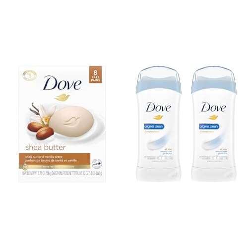 Dove Shea Butter Beauty Bar Skin Cleanser 8 Bars and Invisible Solid Antiperspirant Deodorant Stick for Women 2 Count